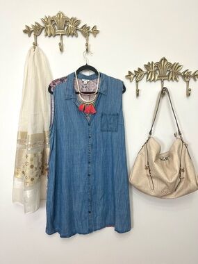 Tribal Sleeveless Denim Tunic Dress - Blue with Pink Accents